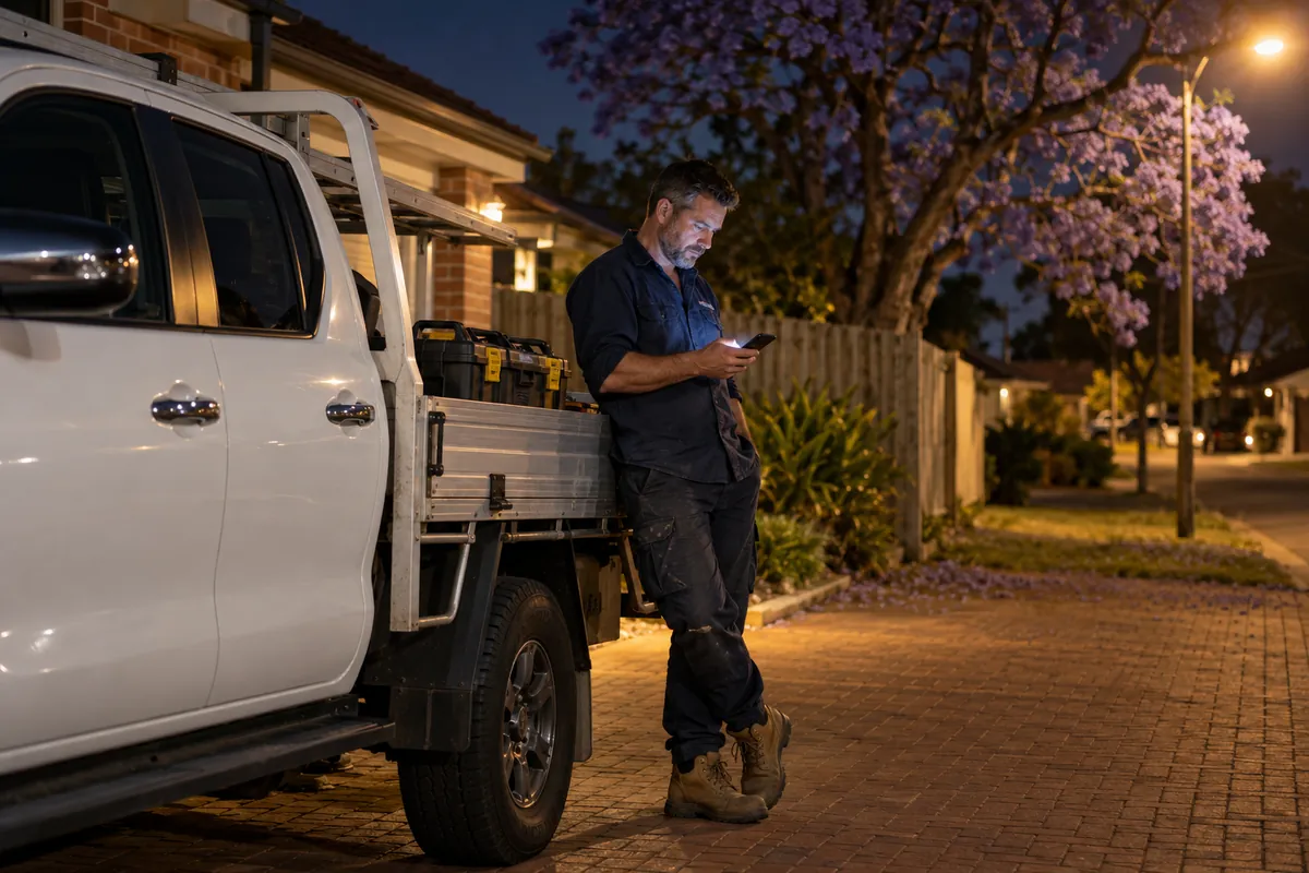 Electrician in work clothes reading a phone message beside a work ute parked in a suburban driveway at night