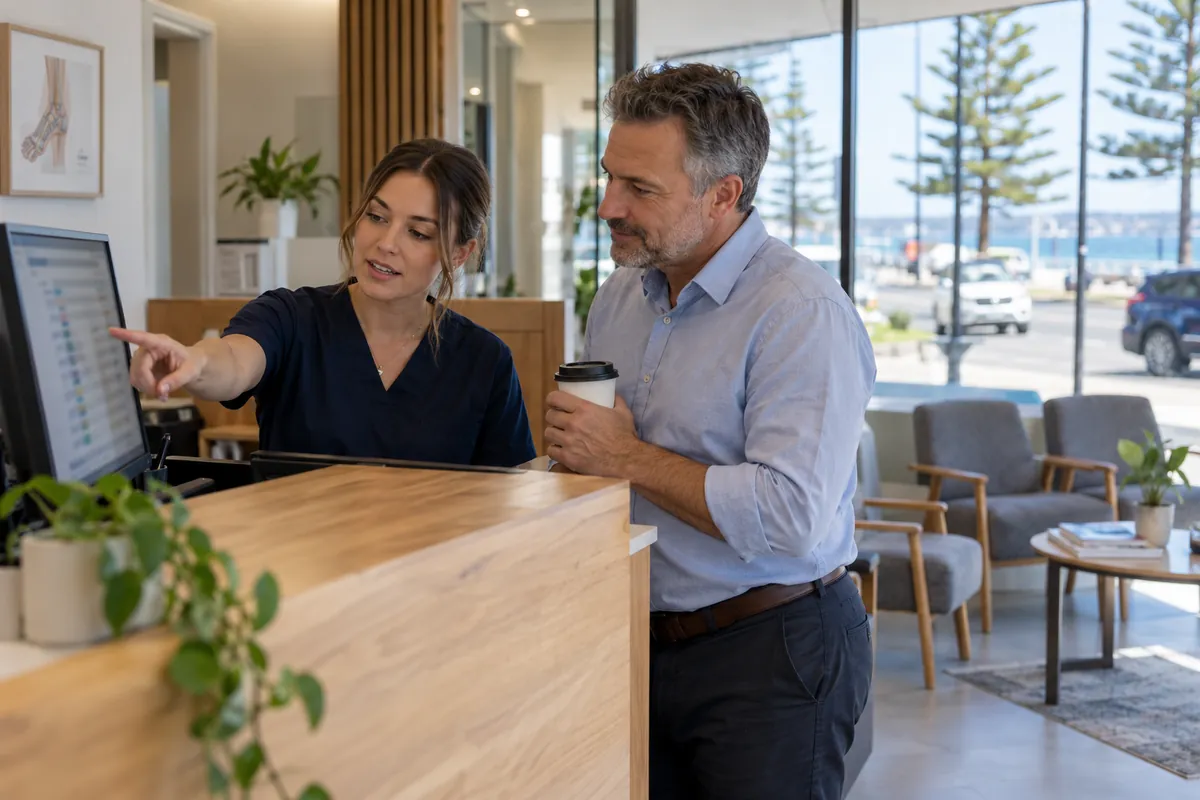 Receptionist and practice owner talking through a call summary on a monitor at a Geelong clinic front desk